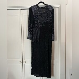 deco 80s black maxi dress sequins beads vintage party chic prom medium